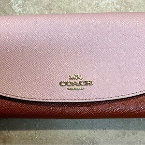 Coach Two-Tone Pink and Brown Leather Continental Wallet with Gold Logo